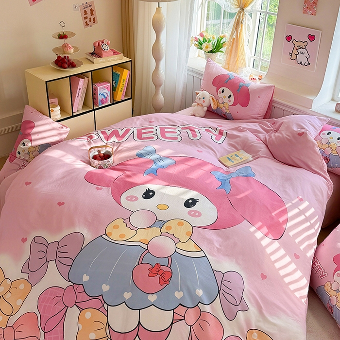 91家纺网 家纺一手货源 找家纺 馨语家居 2025新款全棉双层纱四件套 兔兔少女