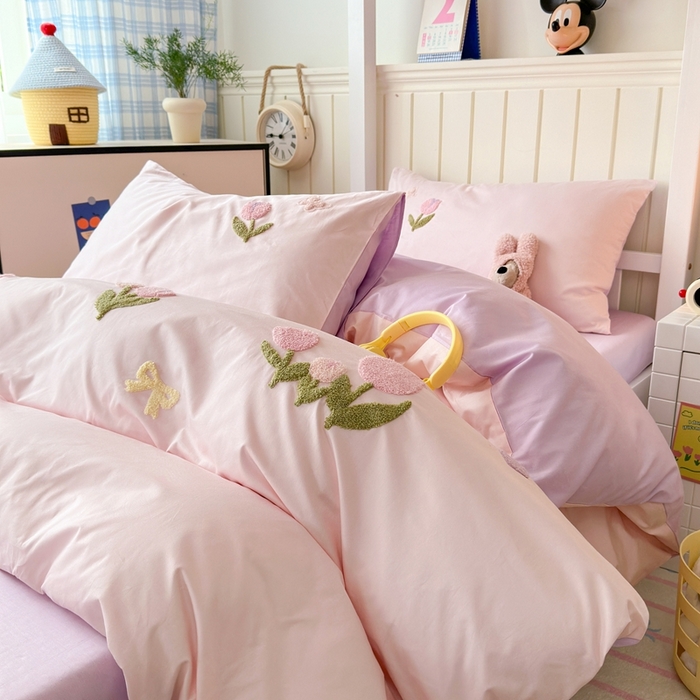 91家纺网 家纺一手货源 找家纺 锦觅 2025新款学生季全棉纯棉毛巾绣三件套奶油小清新刺绣四件套（全文件大图以及买家秀） 蝶恋花（粉紫）