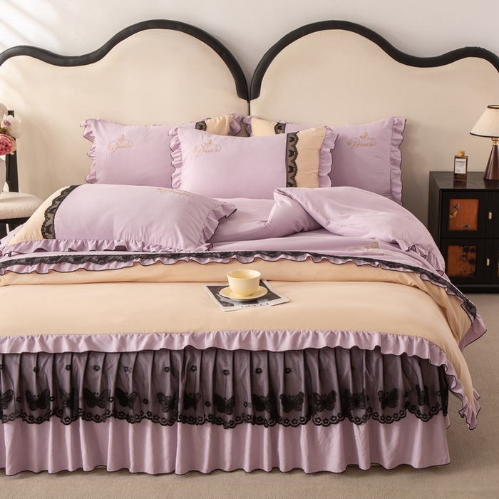 91家纺网 家纺一手货源 找家纺 皇谱家纺  2025新款60sA类水洗棉床裙款四件套-彩蝶之恋 彩蝶之恋-紫