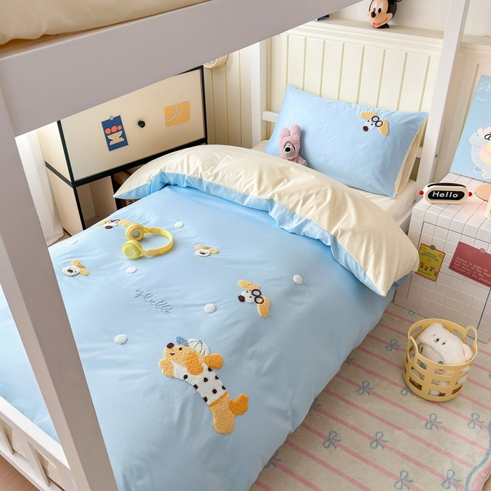 91家纺网 家纺一手货源 找家纺 锦觅 2025新款学生季全棉纯棉毛巾绣三件套奶油小清新刺绣四件套（全文件大图以及买家秀） 奔跑的狗狗