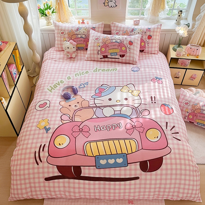 91家纺网 家纺一手货源 找家纺 馨语家居 2025新款全棉双层纱四件套 猫咪假日