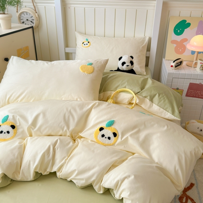 91家纺网 家纺一手货源 找家纺 锦觅 2025新款学生季全棉纯棉毛巾绣三件套奶油小清新刺绣四件套（全文件大图以及买家秀） 苹果熊猫