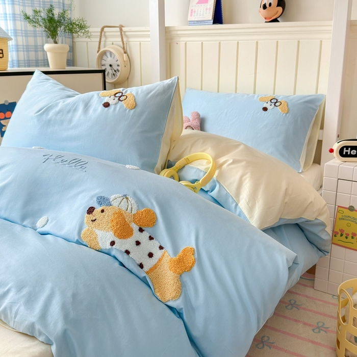 91家纺网 家纺一手货源 找家纺 锦觅 2025新款学生季全棉纯棉毛巾绣三件套奶油小清新刺绣四件套（全文件大图以及买家秀） 奔跑的狗狗