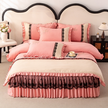 皇谱家纺  2025新款60sA类水洗棉床裙款四件套-彩蝶之恋 彩蝶之恋-豆沙