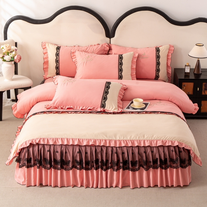 91家纺网 家纺一手货源 找家纺 皇谱家纺  2025新款60sA类水洗棉床裙款四件套-彩蝶之恋 彩蝶之恋-豆沙