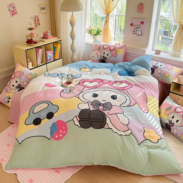 91家纺网 家纺一手货源 找家纺 馨语家居 2025新款全棉双层纱四件套 彩虹糖的梦