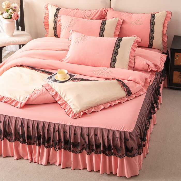 91家纺网 家纺一手货源 找家纺 皇谱家纺  2025新款60sA类水洗棉床裙款四件套-彩蝶之恋 彩蝶之恋-豆沙