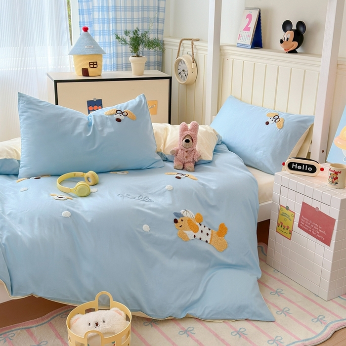 91家纺网 家纺一手货源 找家纺 锦觅 2025新款学生季全棉纯棉毛巾绣三件套奶油小清新刺绣四件套（全文件大图以及买家秀） 奔跑的狗狗