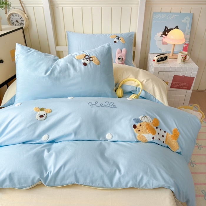 91家纺网 家纺一手货源 找家纺 锦觅 2025新款学生季全棉纯棉毛巾绣三件套奶油小清新刺绣四件套（全文件大图以及买家秀） 奔跑的狗狗