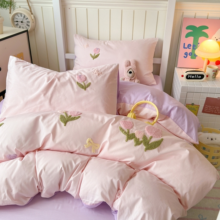 91家纺网 家纺一手货源 找家纺 锦觅 2025新款学生季全棉纯棉毛巾绣三件套奶油小清新刺绣四件套（全文件大图以及买家秀） 蝶恋花（粉紫）