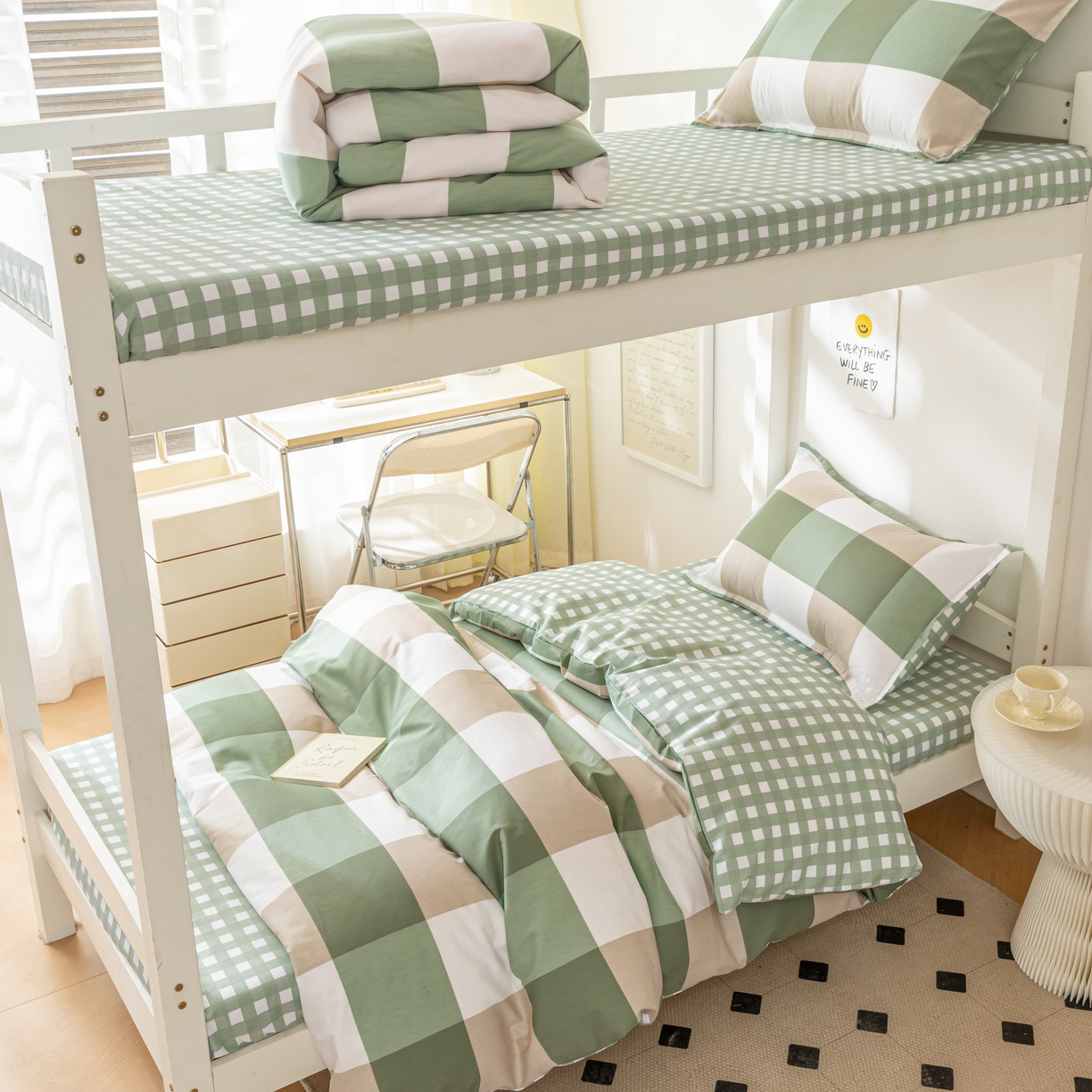 91家纺网 家纺一手货源 找家纺 贝兰仙奴 2025新款13372全棉印花简约学生三件套 绿大格