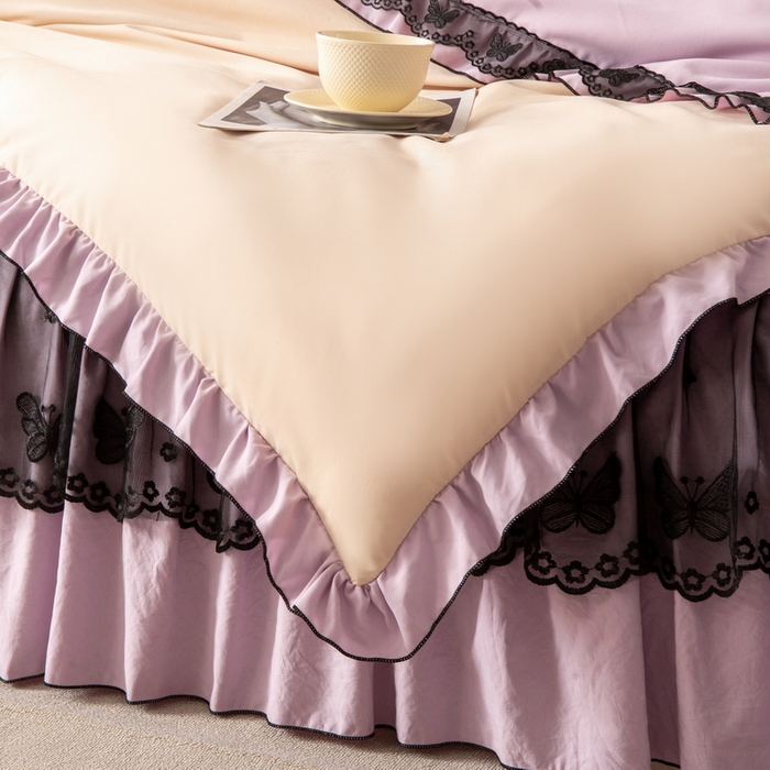 91家纺网 家纺一手货源 找家纺 皇谱家纺  2025新款60sA类水洗棉床裙款四件套-彩蝶之恋 彩蝶之恋-紫