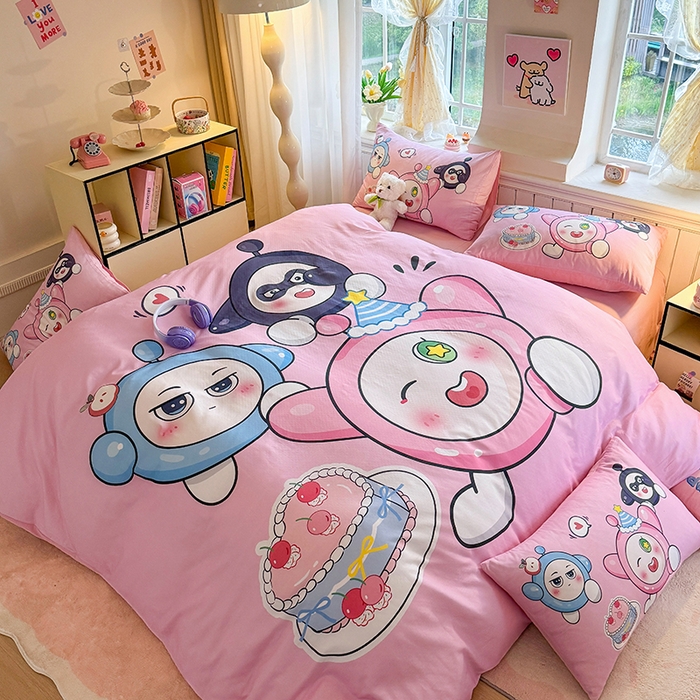 91家纺网 家纺一手货源 找家纺 馨语家居 2025新款全棉双层纱四件套 球球大作战