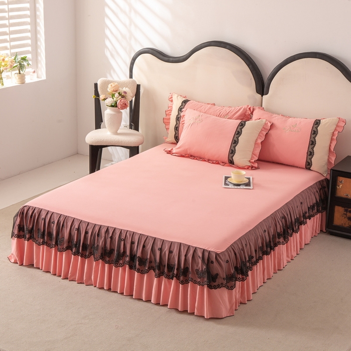 91家纺网 家纺一手货源 找家纺 皇谱家纺  2025新款60sA类水洗棉床裙款四件套-彩蝶之恋 彩蝶之恋-豆沙