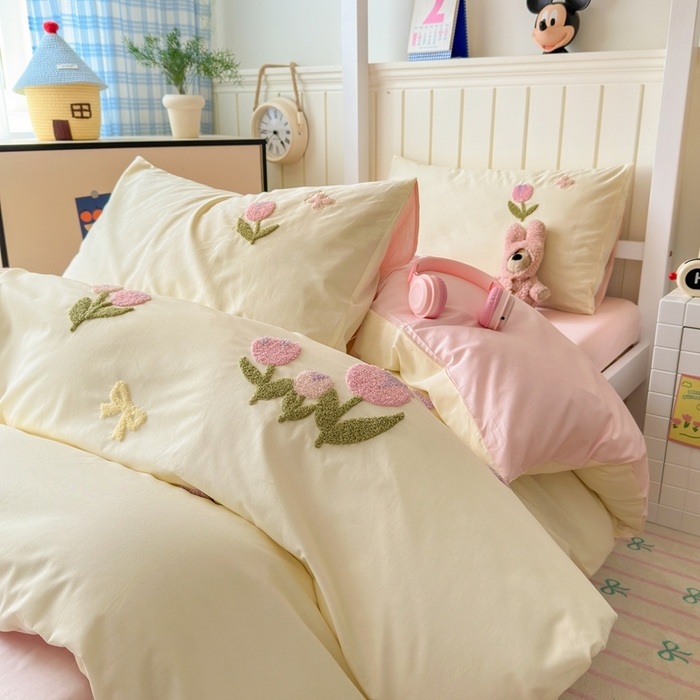 91家纺网 家纺一手货源 找家纺 锦觅 2025新款学生季全棉纯棉毛巾绣三件套奶油小清新刺绣四件套（全文件大图以及买家秀） 蝶恋花（米粉）