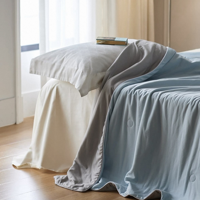 91家纺网 家纺一手货源 找家纺 佰织鑫家居 2025新款科技凉感小冰芯冰皮锦氨凉感丝夏被空调被 双拼蓝灰