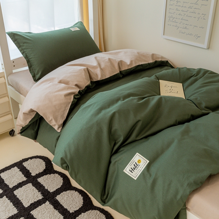 91家纺网 家纺一手货源 找家纺 贝兰仙奴 2025新款13372全棉印花简约学生三件套 果绿卡其