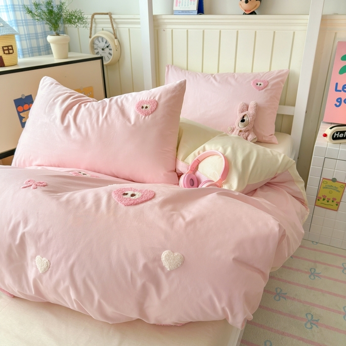 91家纺网 家纺一手货源 找家纺 锦觅 2025新款学生季全棉纯棉毛巾绣三件套奶油小清新刺绣四件套（全文件大图以及买家秀） 大眼爱心