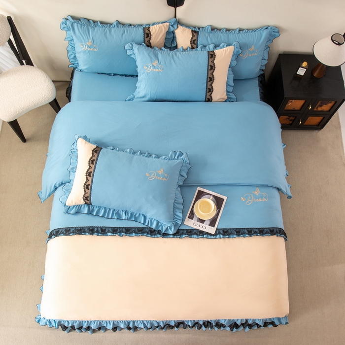 91家纺网 家纺一手货源 找家纺 皇谱家纺  2025新款60sA类水洗棉床裙款四件套-彩蝶之恋 彩蝶之恋-兰