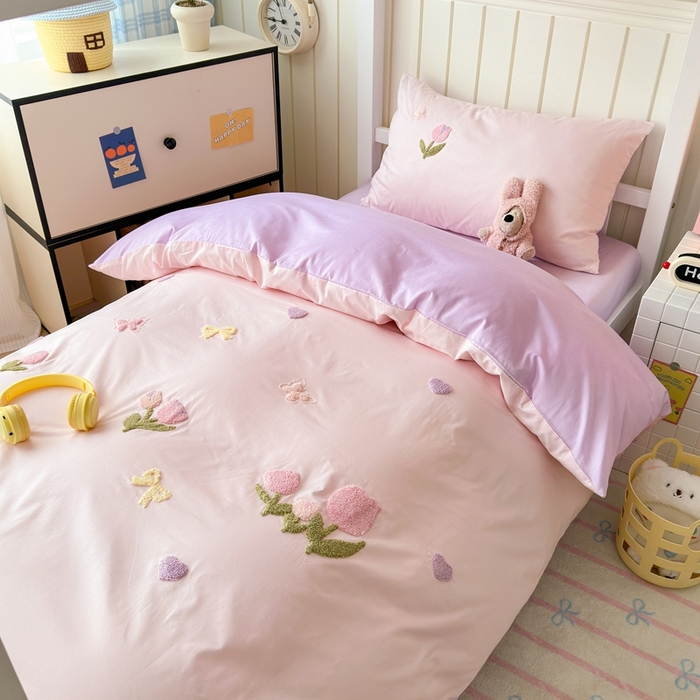 91家纺网 家纺一手货源 找家纺 锦觅 2025新款学生季全棉纯棉毛巾绣三件套奶油小清新刺绣四件套（全文件大图以及买家秀） 蝶恋花（粉紫）