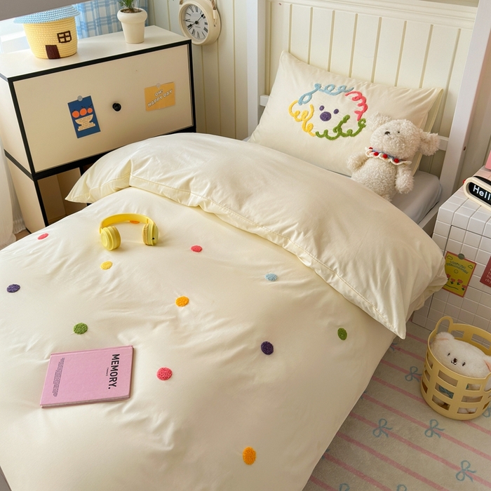 91家纺网 家纺一手货源 找家纺 锦觅 2025新款学生季全棉纯棉毛巾绣三件套奶油小清新刺绣四件套（全文件大图以及买家秀） 彩虹波点