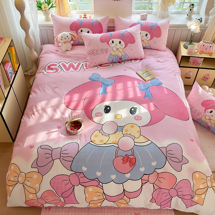 91家纺网 家纺一手货源 找家纺 馨语家居 2025新款全棉双层纱四件套 兔兔少女