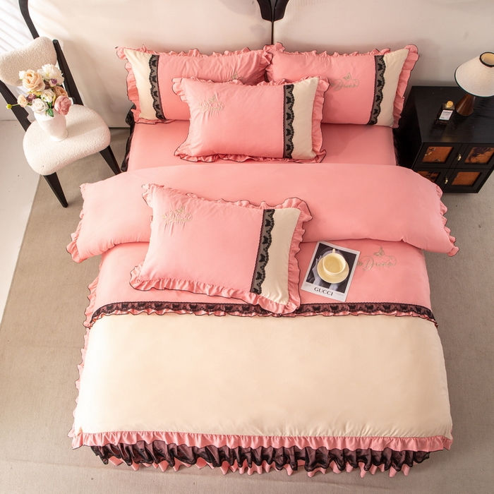 91家纺网 家纺一手货源 找家纺 皇谱家纺  2025新款60sA类水洗棉床裙款四件套-彩蝶之恋 彩蝶之恋-豆沙