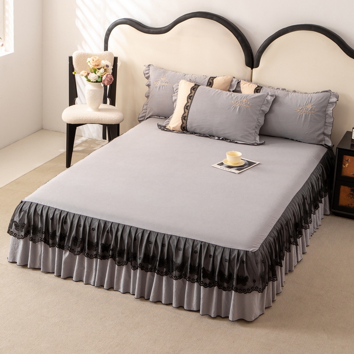 91家纺网 家纺一手货源 找家纺 皇谱家纺  2025新款60sA类水洗棉床裙款四件套-彩蝶之恋 彩蝶之恋-灰