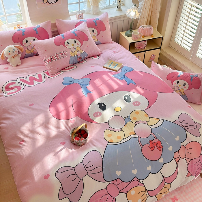 91家纺网 家纺一手货源 找家纺 馨语家居 2025新款全棉双层纱四件套 兔兔少女