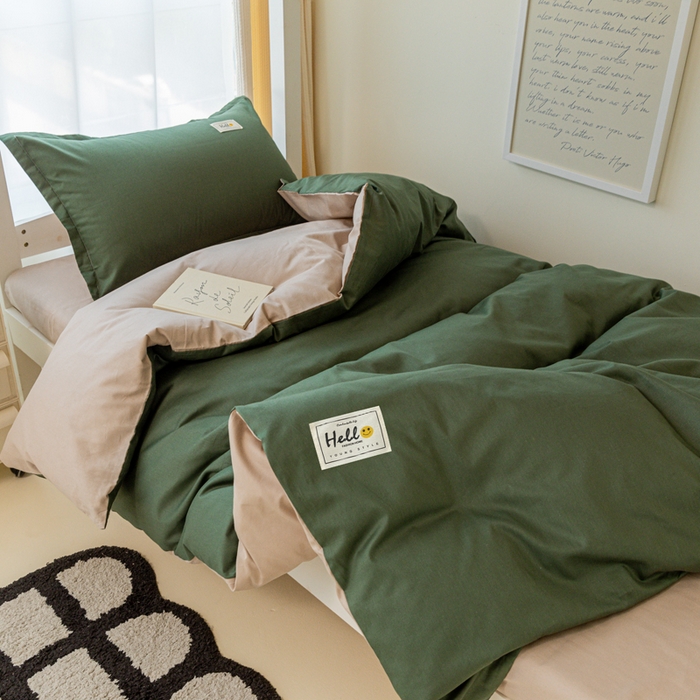 91家纺网 家纺一手货源 找家纺 贝兰仙奴 2025新款13372全棉印花简约学生三件套 果绿卡其