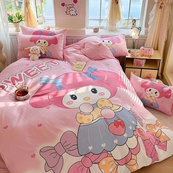 91家纺网 家纺一手货源 找家纺 馨语家居 2025新款全棉双层纱四件套 兔兔少女