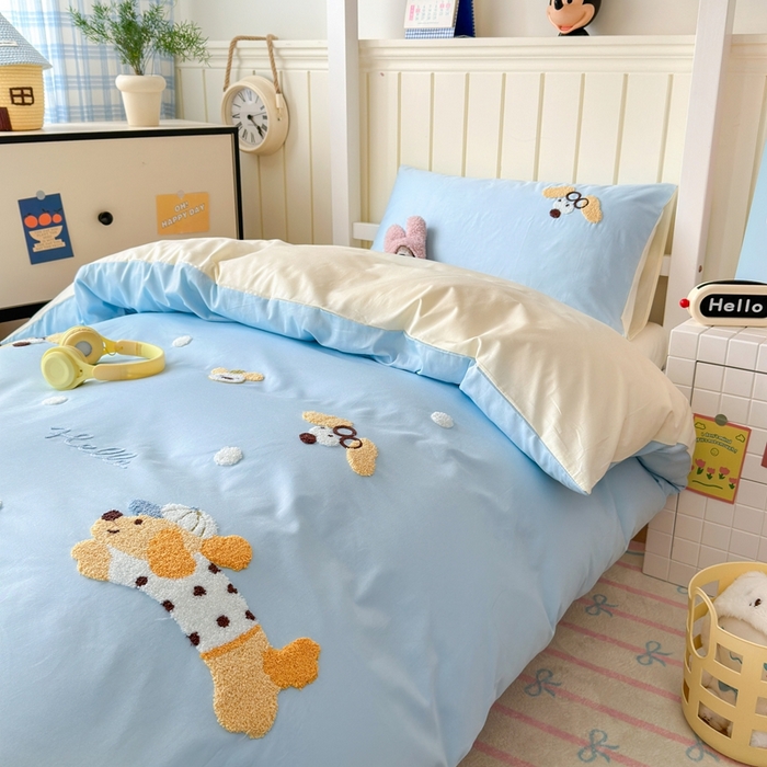 91家纺网 家纺一手货源 找家纺 锦觅 2025新款学生季全棉纯棉毛巾绣三件套奶油小清新刺绣四件套（全文件大图以及买家秀） 奔跑的狗狗