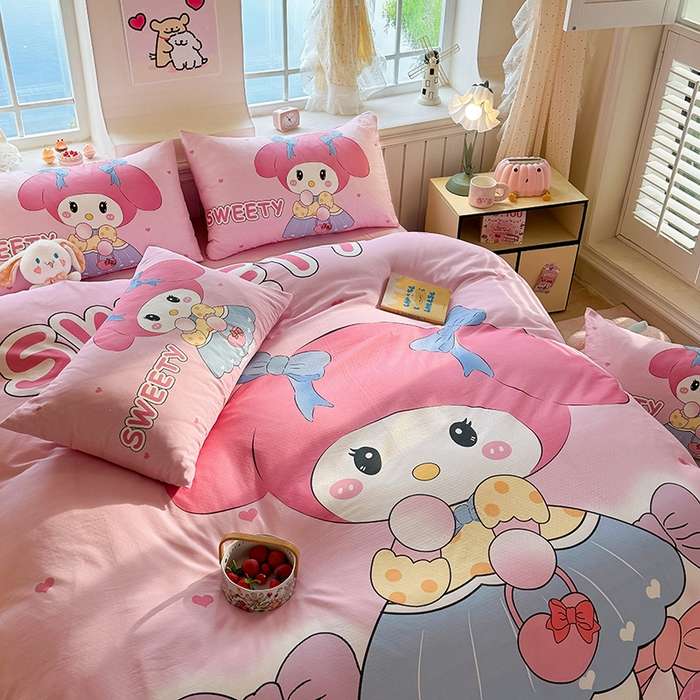 91家纺网 家纺一手货源 找家纺 馨语家居 2025新款全棉双层纱四件套 兔兔少女