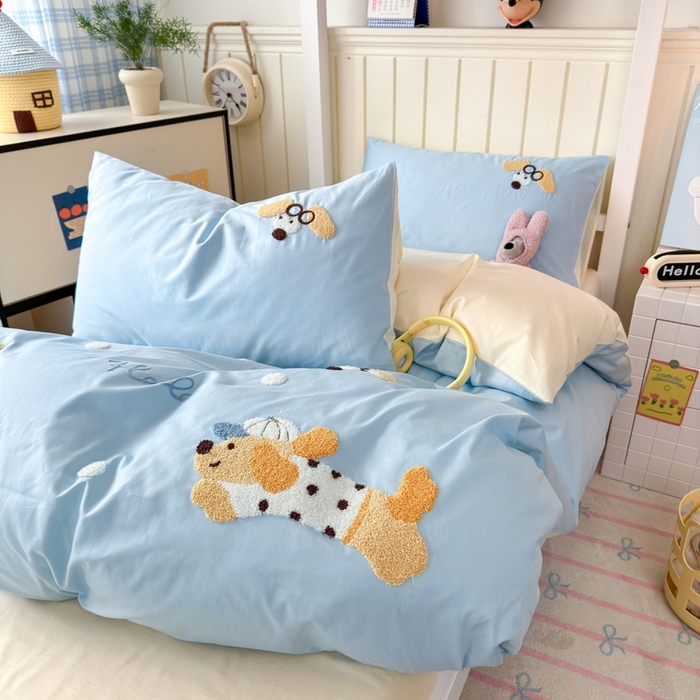 91家纺网 家纺一手货源 找家纺 锦觅 2025新款学生季全棉纯棉毛巾绣三件套奶油小清新刺绣四件套（全文件大图以及买家秀） 奔跑的狗狗