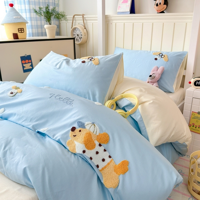 91家纺网 家纺一手货源 找家纺 锦觅 2025新款学生季全棉纯棉毛巾绣三件套奶油小清新刺绣四件套（全文件大图以及买家秀） 奔跑的狗狗