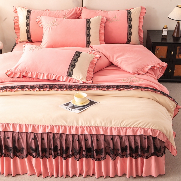 91家纺网 家纺一手货源 找家纺 皇谱家纺  2025新款60sA类水洗棉床裙款四件套-彩蝶之恋 彩蝶之恋-豆沙