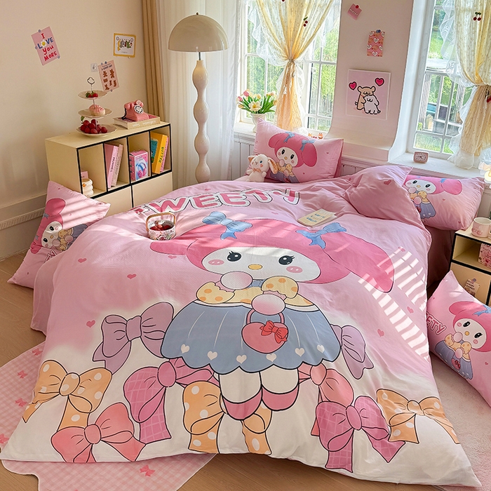 91家纺网 家纺一手货源 找家纺 馨语家居 2025新款全棉双层纱四件套 兔兔少女