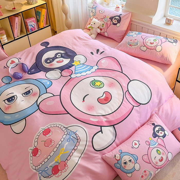 91家纺网 家纺一手货源 找家纺 馨语家居 2025新款全棉双层纱四件套 球球大作战