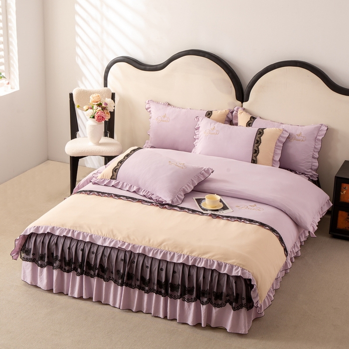 91家纺网 家纺一手货源 找家纺 皇谱家纺  2025新款60sA类水洗棉床裙款四件套-彩蝶之恋 彩蝶之恋-紫