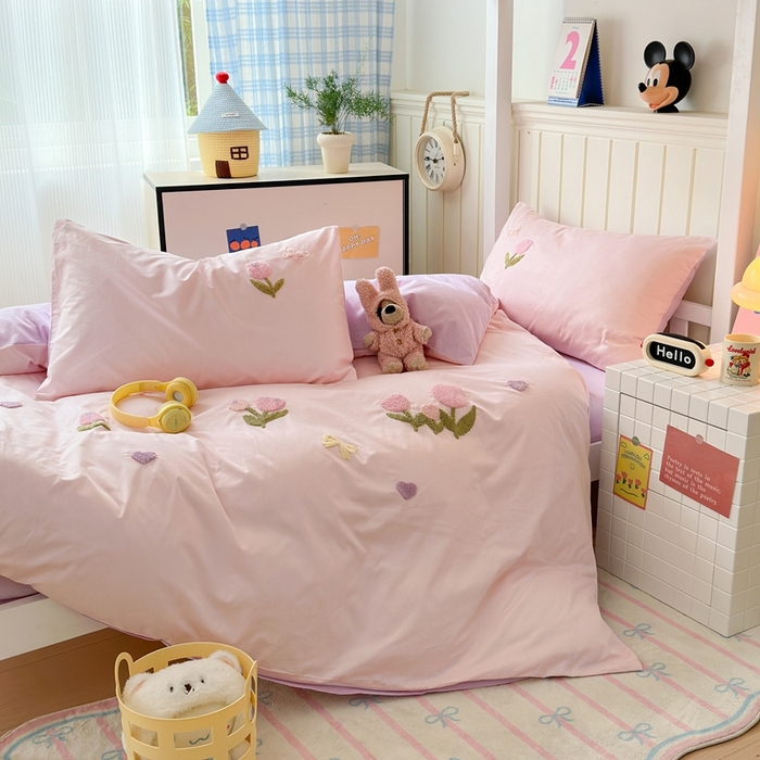 91家纺网 家纺一手货源 找家纺 锦觅 2025新款学生季全棉纯棉毛巾绣三件套奶油小清新刺绣四件套（全文件大图以及买家秀） 蝶恋花（粉紫）