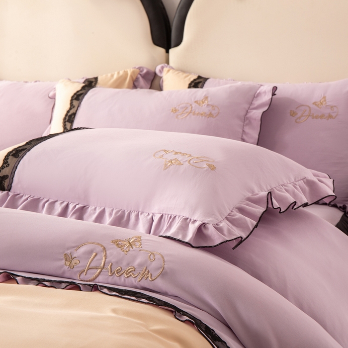 91家纺网 家纺一手货源 找家纺 皇谱家纺  2025新款60sA类水洗棉床裙款四件套-彩蝶之恋 彩蝶之恋-紫