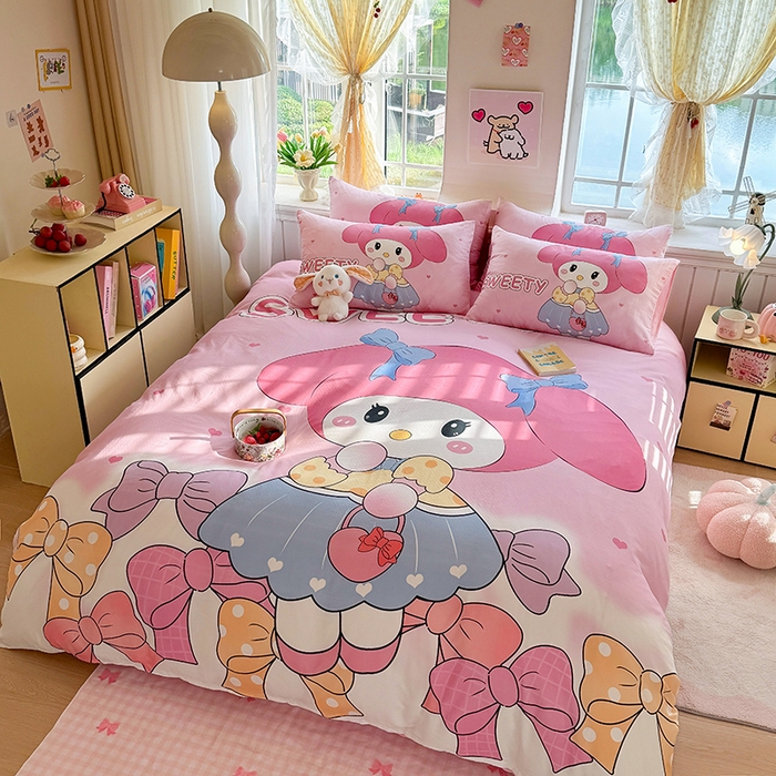 91家纺网 家纺一手货源 找家纺 馨语家居 2025新款全棉双层纱四件套 兔兔少女