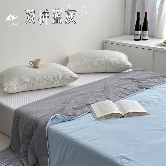 91家纺网 家纺一手货源 找家纺 佰织鑫家居 2025新款科技凉感小冰芯冰皮锦氨凉感丝夏被空调被 双拼蓝灰