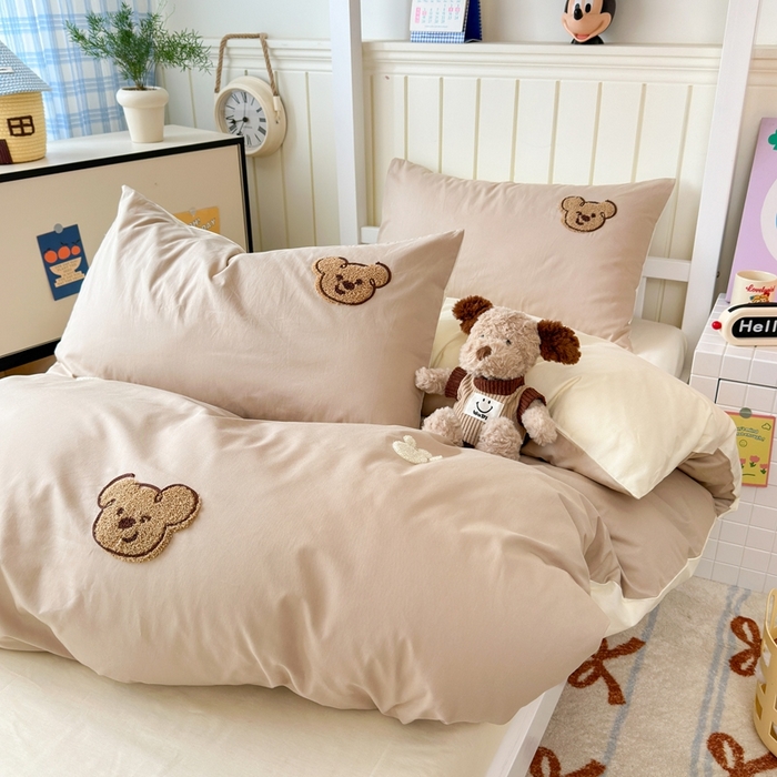 91家纺网 家纺一手货源 找家纺 锦觅 2025新款学生季全棉纯棉毛巾绣三件套奶油小清新刺绣四件套（全文件大图以及买家秀） 萌趣小熊