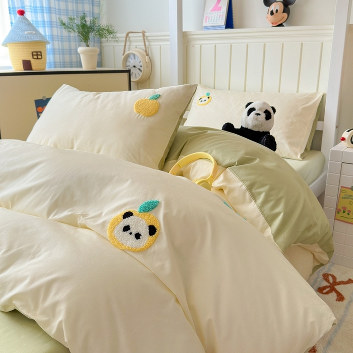 91家纺网 家纺一手货源 找家纺 锦觅 2025新款学生季全棉纯棉毛巾绣三件套奶油小清新刺绣四件套（全文件大图以及买家秀） 苹果熊猫
