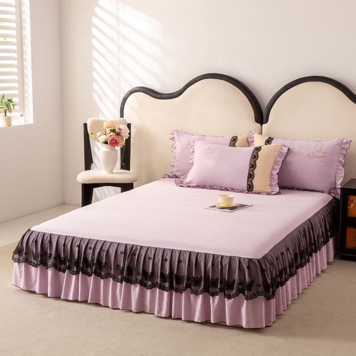 91家纺网 家纺一手货源 找家纺 皇谱家纺  2025新款60sA类水洗棉床裙款四件套-彩蝶之恋 彩蝶之恋-紫