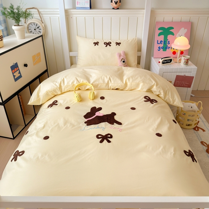 91家纺网 家纺一手货源 找家纺 锦觅 2025新款学生季全棉纯棉毛巾绣三件套奶油小清新刺绣四件套（全文件大图以及买家秀） 奶油兔兔