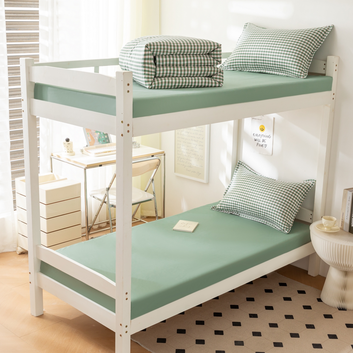 91家纺网 家纺一手货源 找家纺 贝兰仙奴 2025新款13372全棉印花简约学生三件套 绿小格