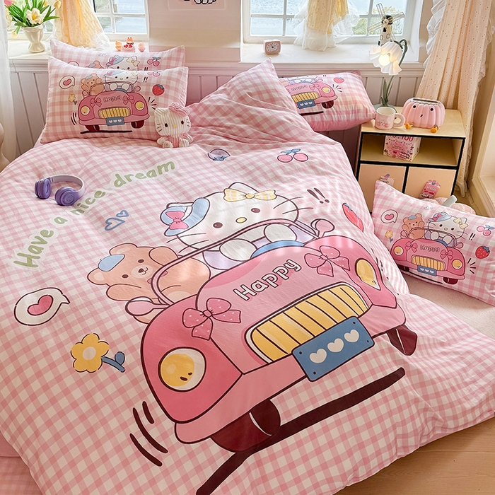 91家纺网 家纺一手货源 找家纺 馨语家居 2025新款全棉双层纱四件套 猫咪假日