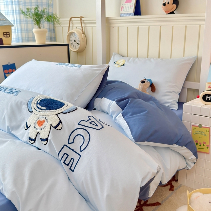 91家纺网 家纺一手货源 找家纺 锦觅 2025新款学生季全棉纯棉毛巾绣三件套奶油小清新刺绣四件套（全文件大图以及买家秀） 小宇航员